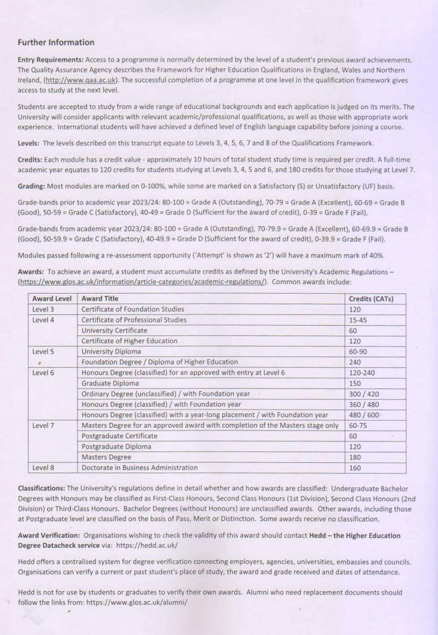 University of Gloucester first year transcript page-1