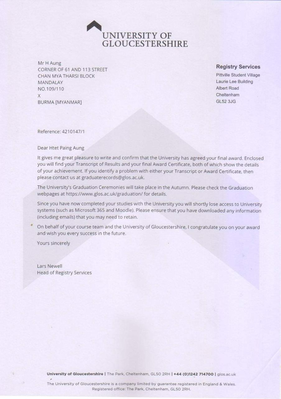 University of Gloucester first year transcript page-2