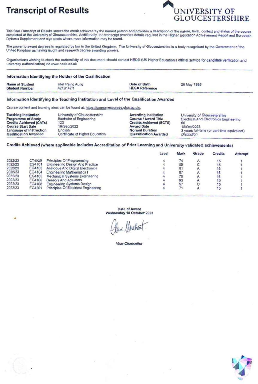 University of Gloucester first year transcript page-3